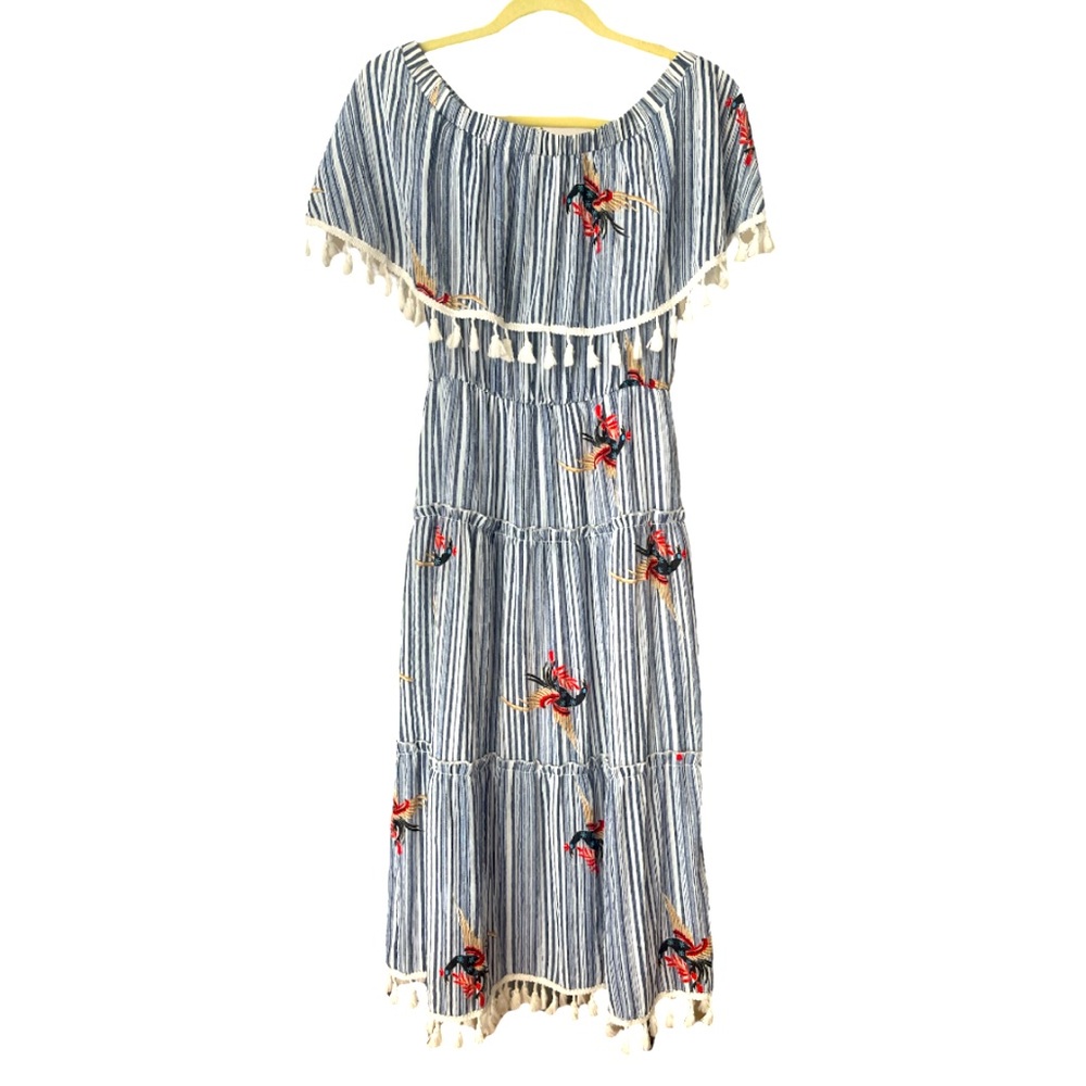 Latiste by Amy Off-Shoulder Striped Midi Dress Tassel Fringe
